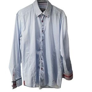 7 Downie St button down shirt houndstooth blue white flip cuff business career L